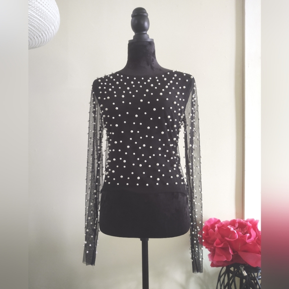 MESH Pearl⚪Studded Sheer•Top~by Top-Chic: Size Med